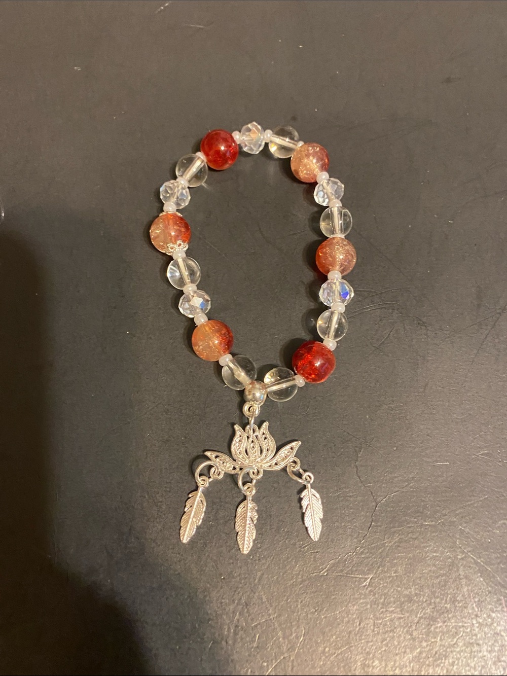 Fashion Jewelry Red and Clear Beaded Lotus & Feather Stretch Bracelet